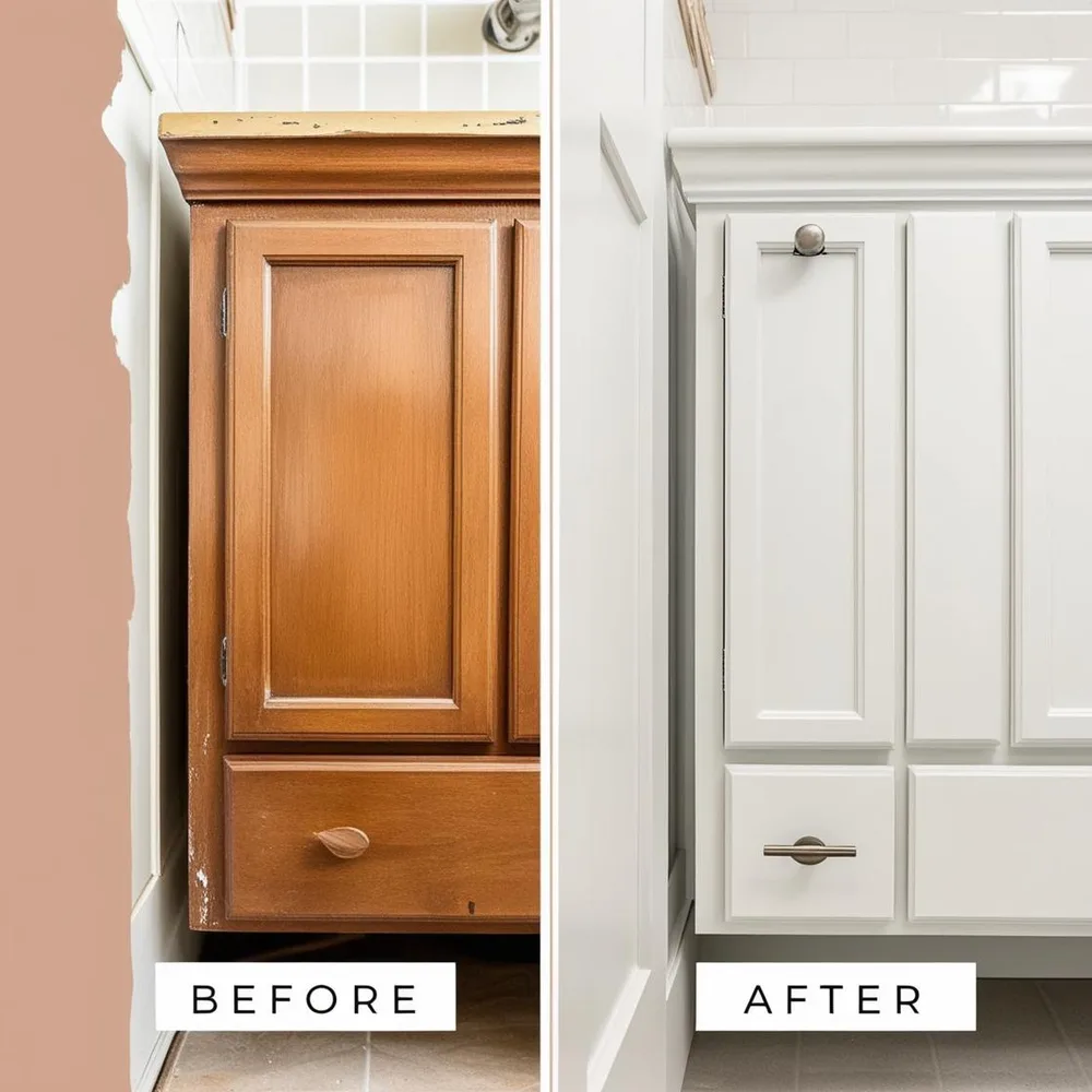 Bathroom vanity before and after refinishing by Pronto Painting