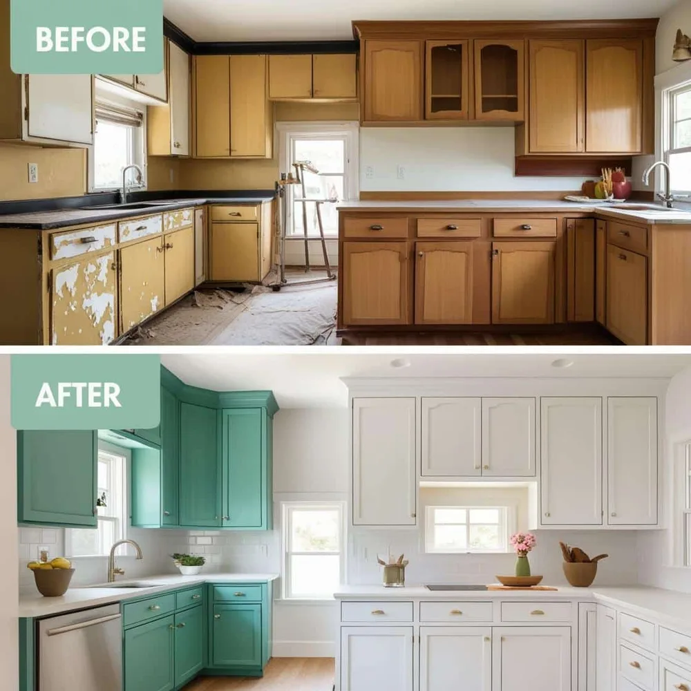 Kitchen cabinets before and after refinishing by Pronto Painting Cincinnati